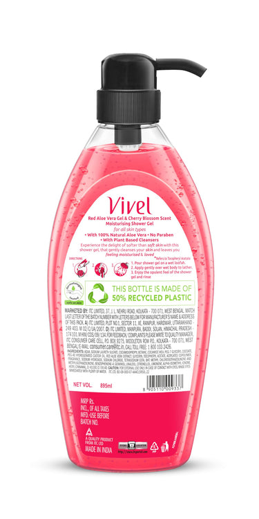 Vivel Red Aloe Vera & Cherry Blossom Scent Shower Gel, 895 ml, Moisturizing Body Wash, with Plant based Cleansers, Body wash Shower Gel for Women & Men, For All Skin Types